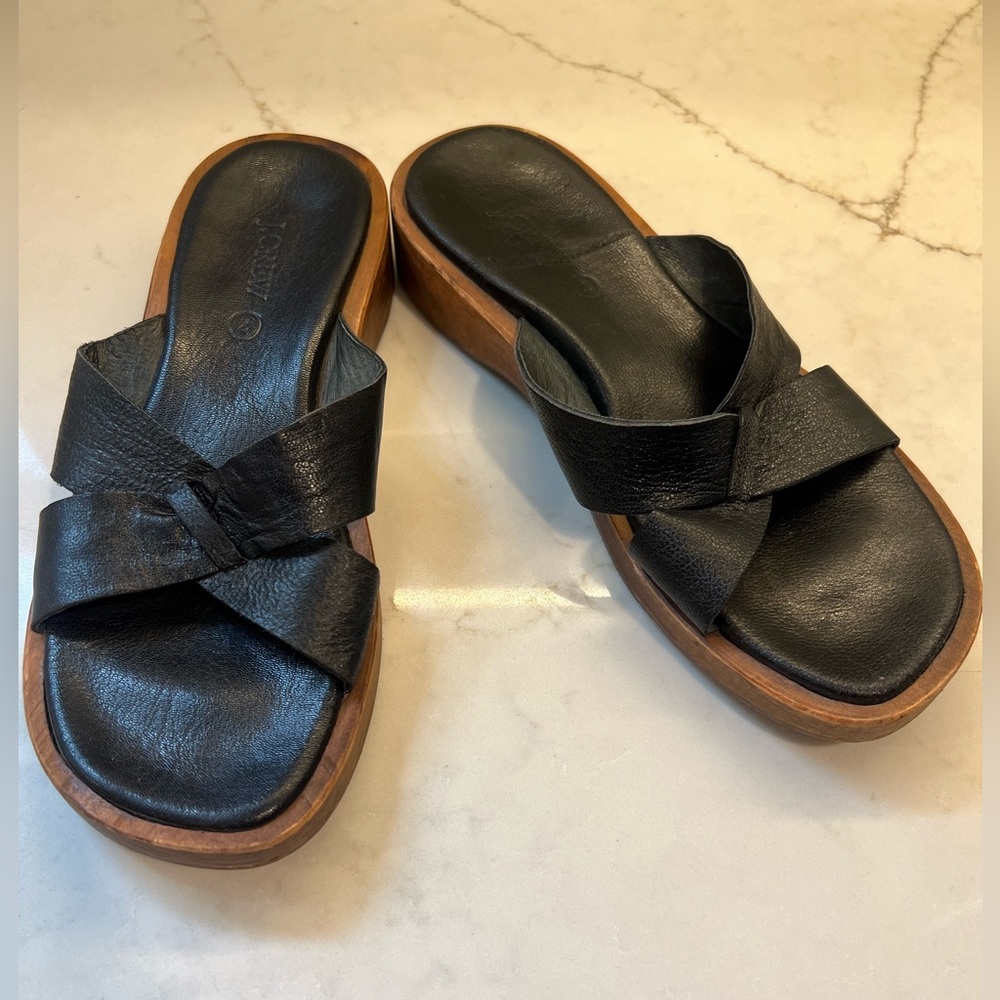 J. Crew Black Leather Wooden Heel Sandals Cross Straps Neutral Minimalist Chic